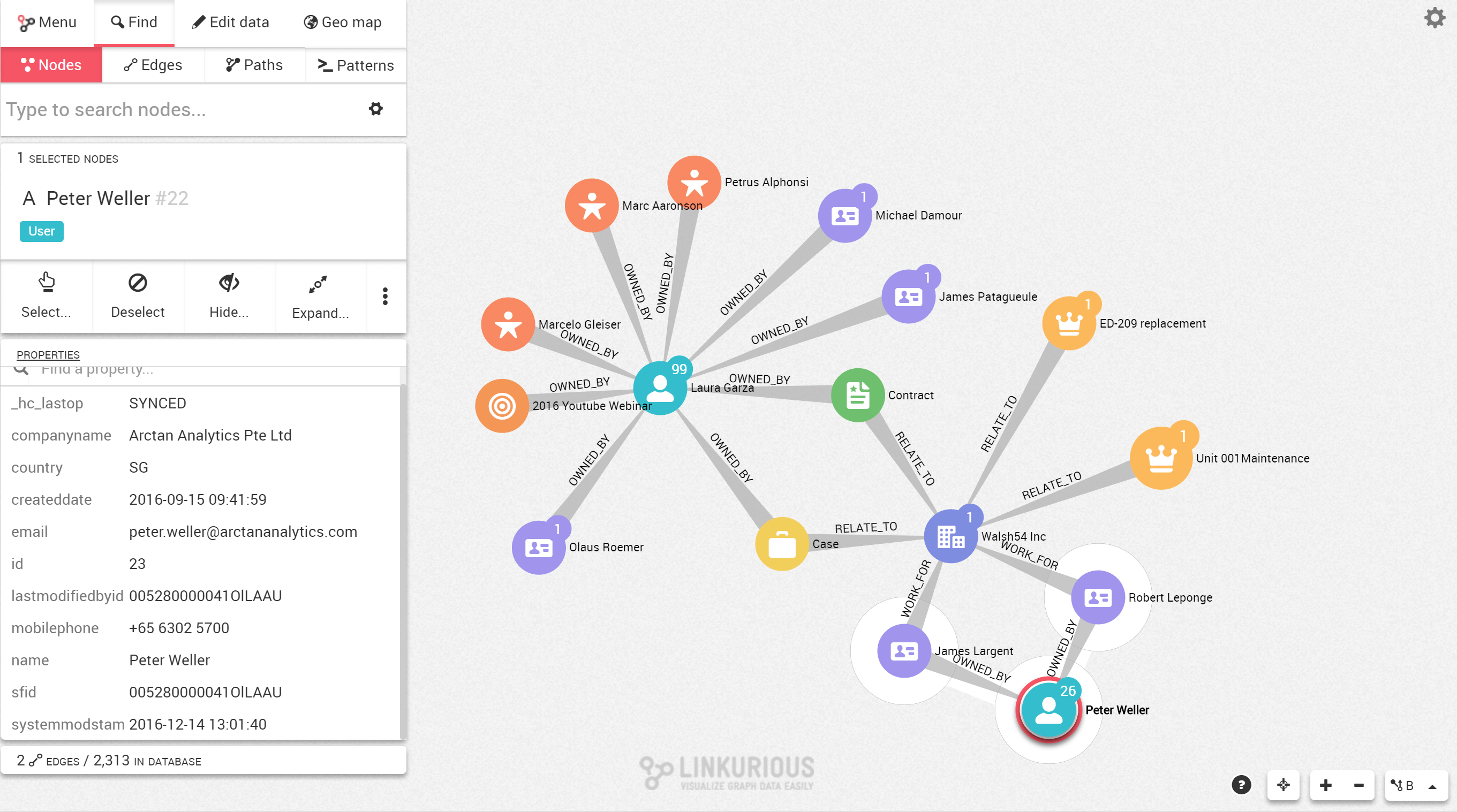 Visualization of the extended relationships between a salesperson and a company.