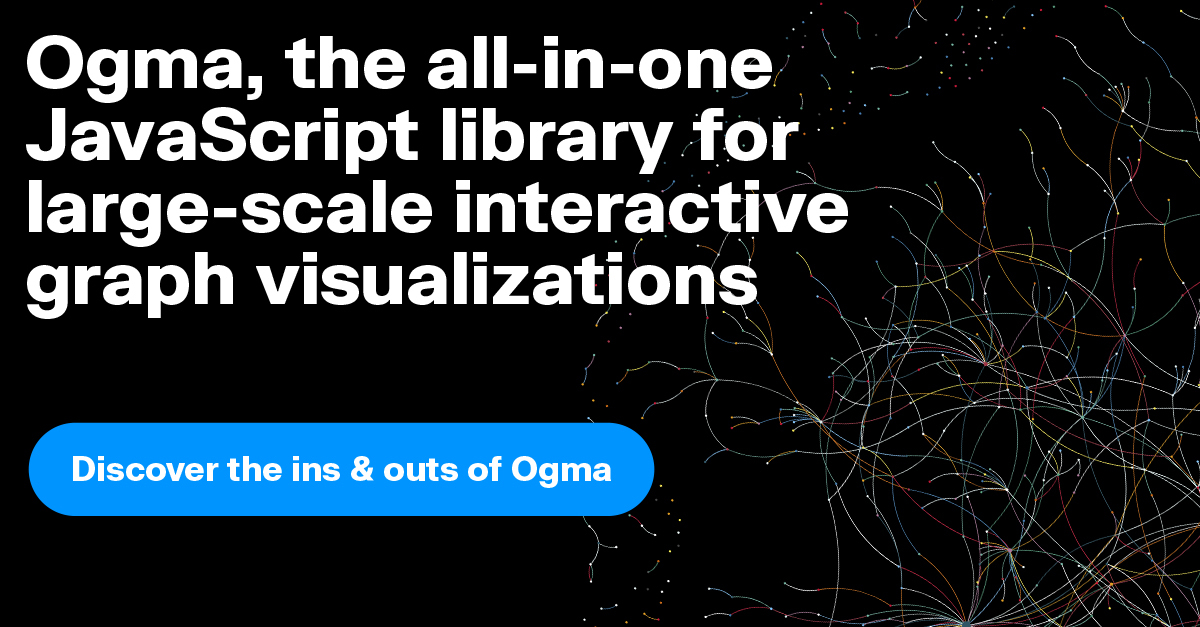 Image reading "Ogma, the all-in-one JavaScript library for large-scale interactive graph visualizations" and a button to discover more