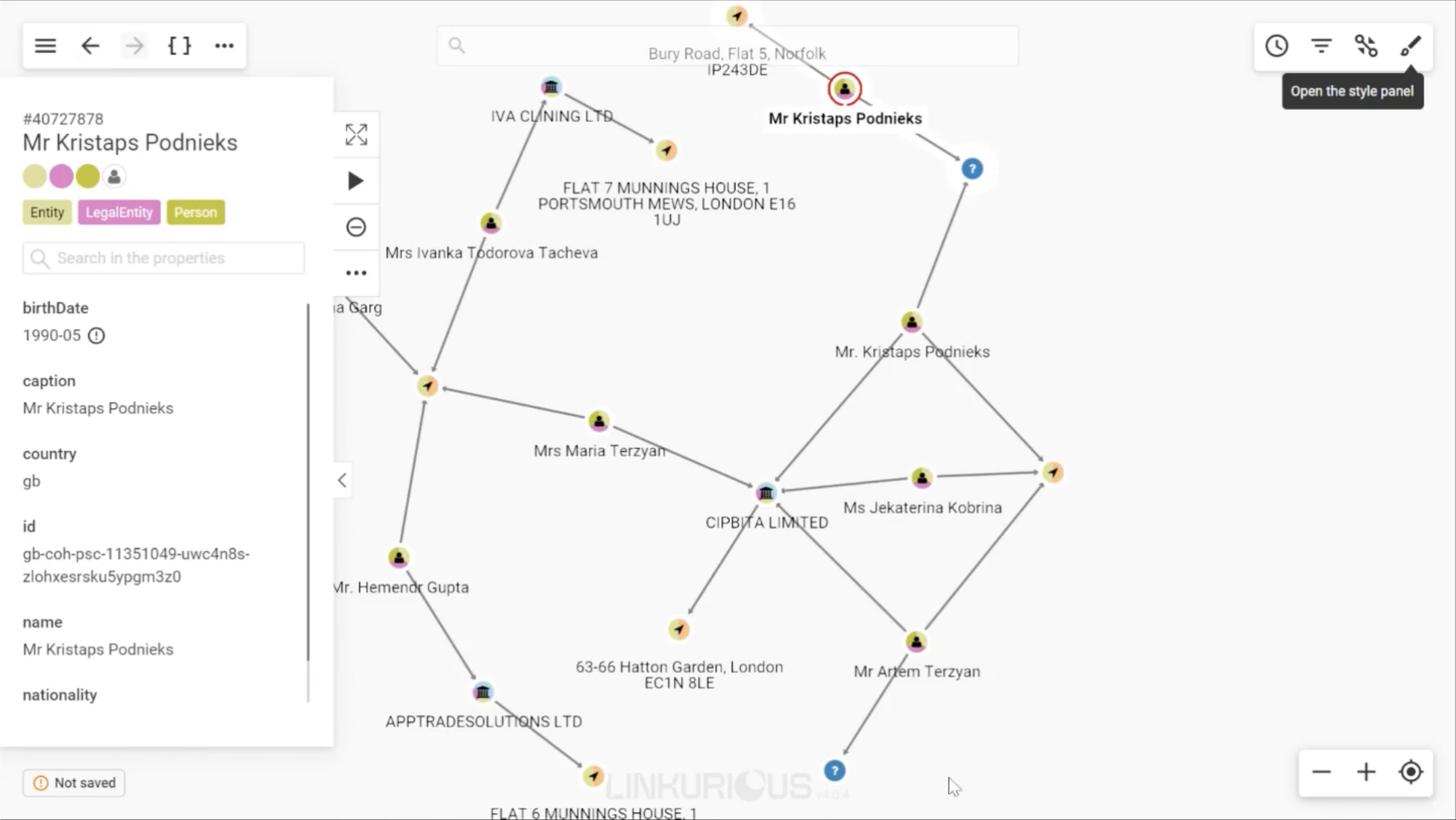 An image of a graph visualization of a network around a company in Linkurious Enterprise