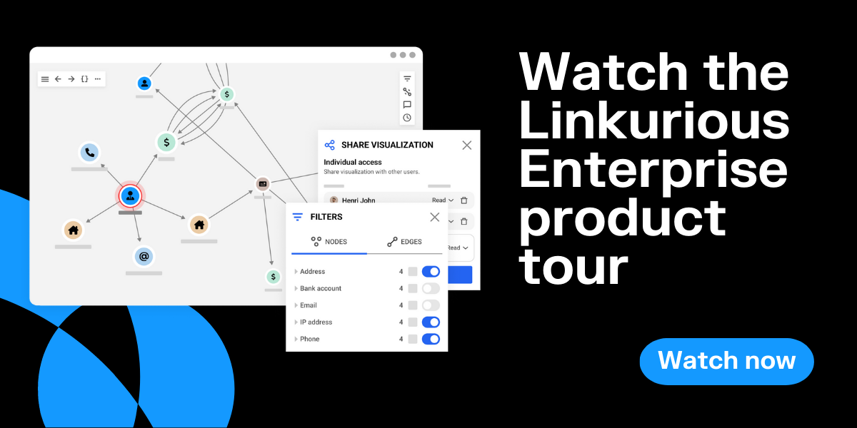 A banner reading "Watch the Linkurious Enterprise product tour" with a call to action to watch now