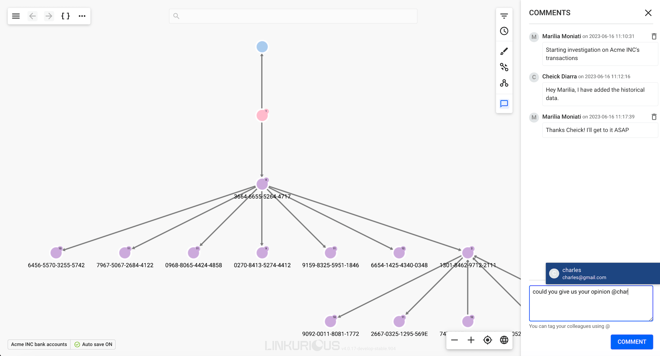 Comments and tagging with mentions in graph visualization in Linkurious Enterprise