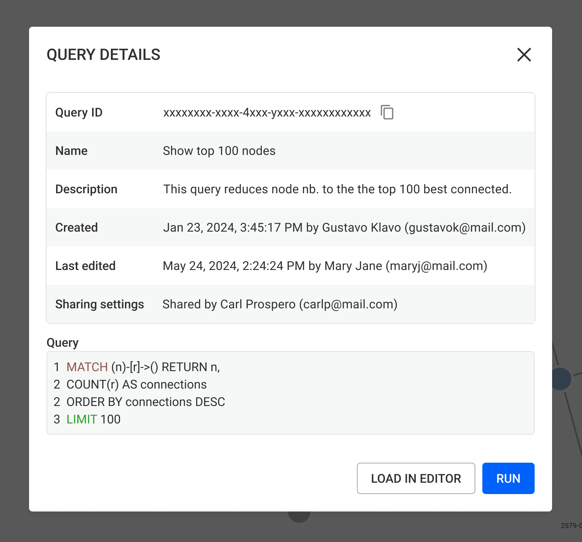 a screenshot from Linkurious Enterprise 4.1 showing query and custom actions controls