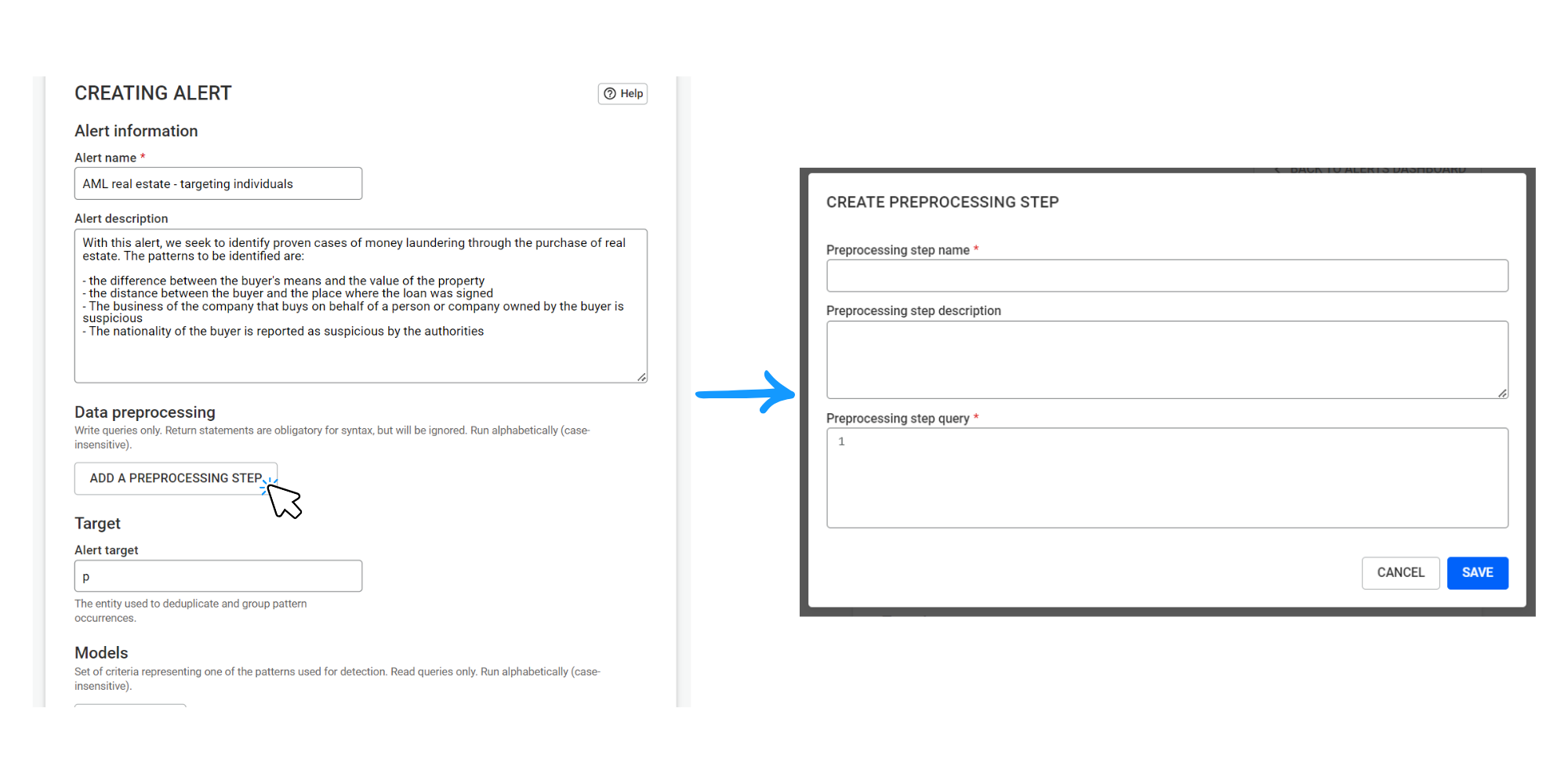 Data pre-processing interface in the Linkurious platform