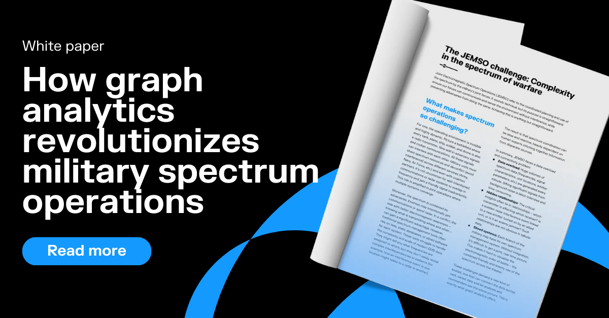 banner for a white paper called "How graph analytics revolutionizes military spectrum operations" with a CTA to read more