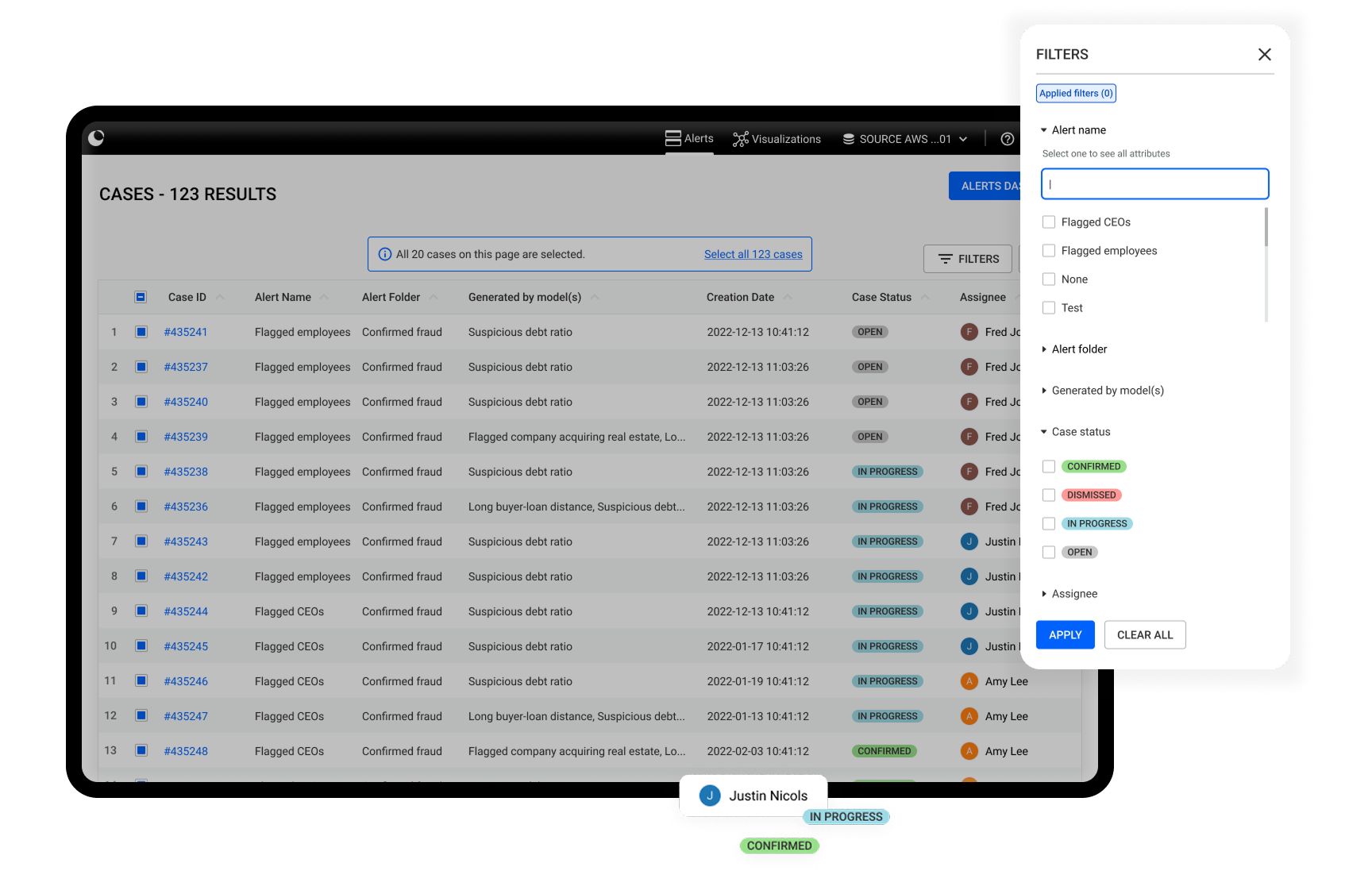 Filters in the unified case list in Linkurious Enterprise