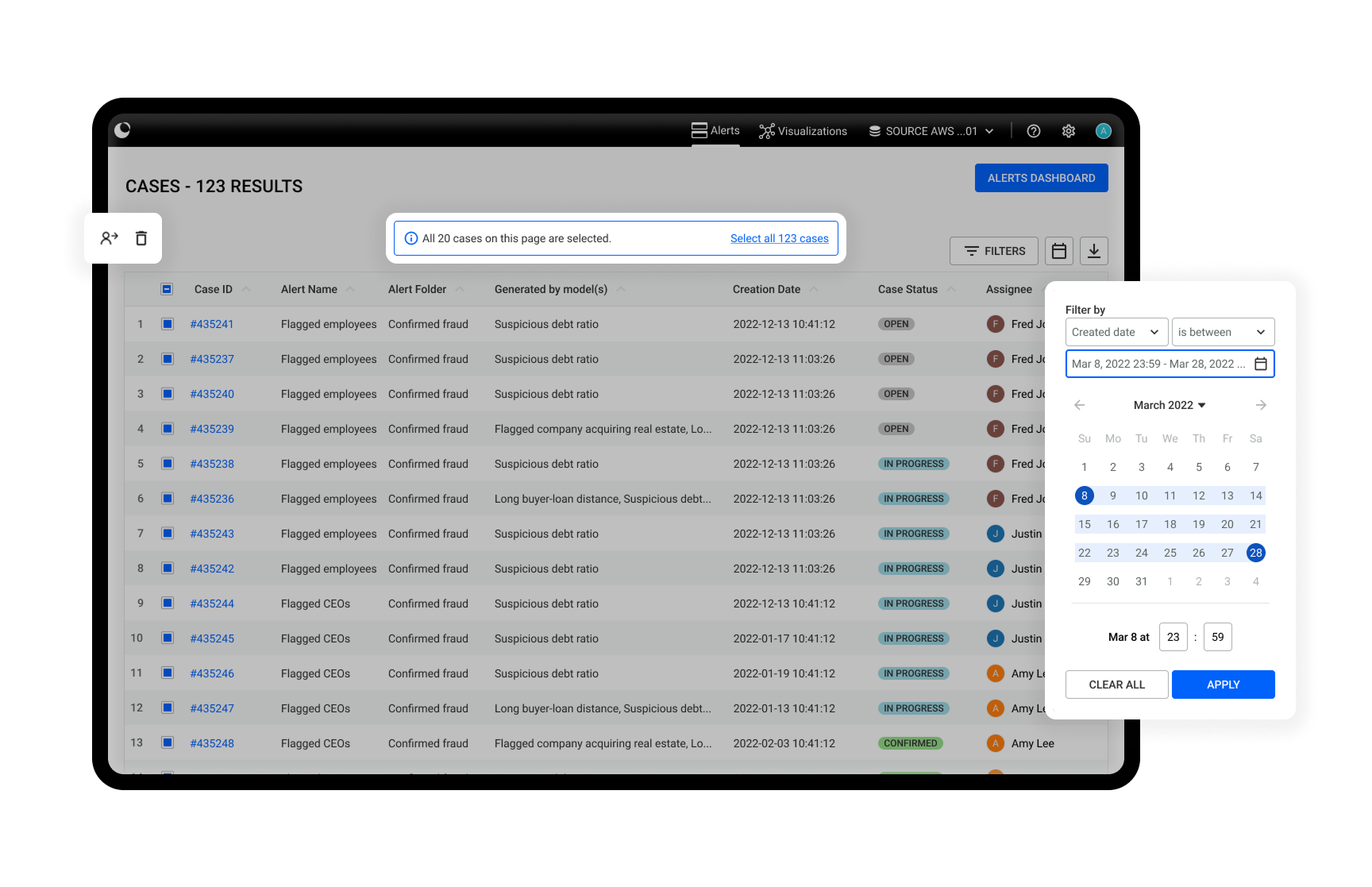 Alerts management unified case list in Linkurious Enterprise