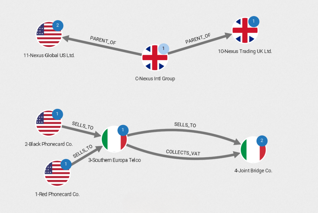 A graph visualization returned by a graph query to uncover VAT fraud