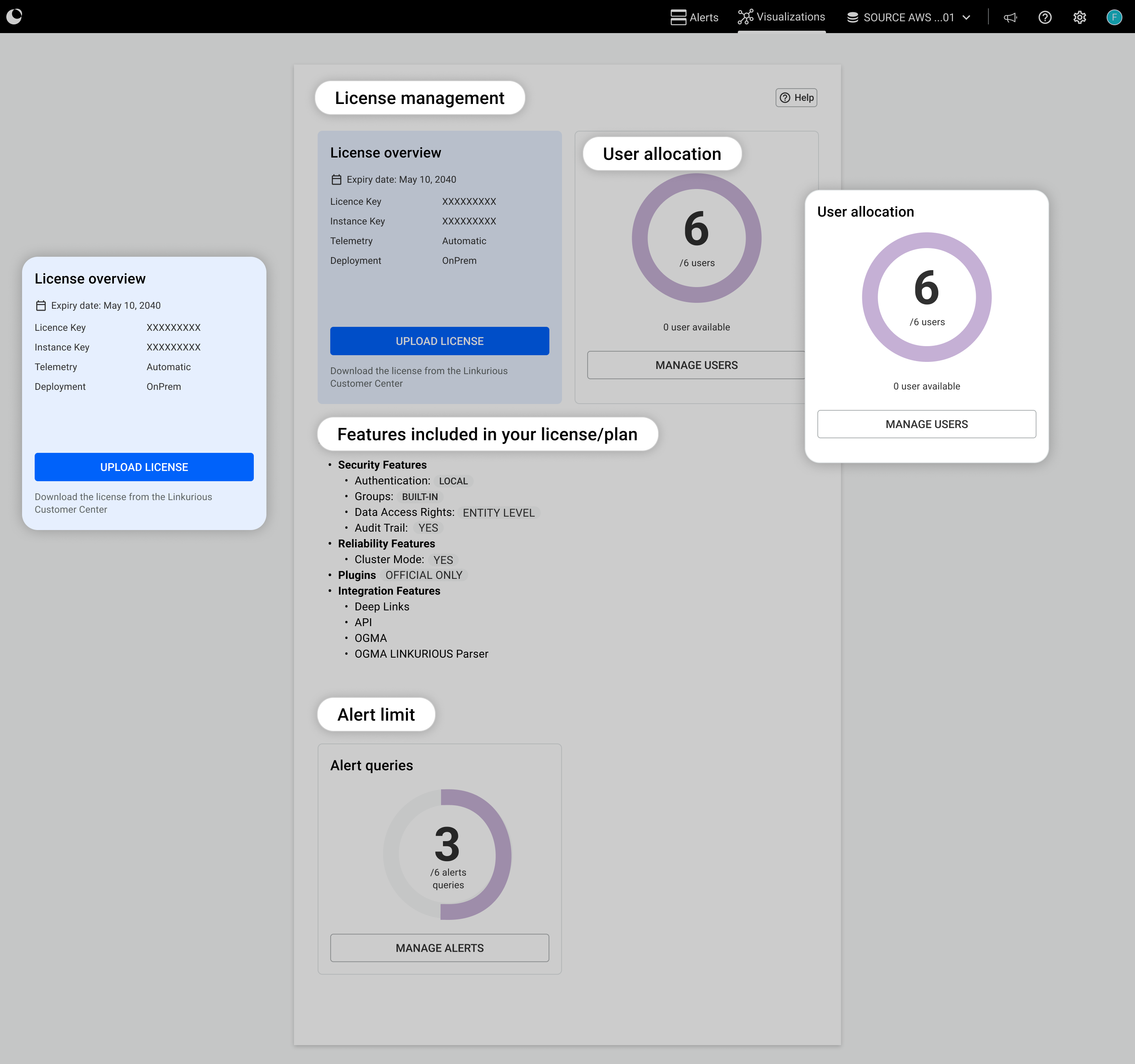 a mock up of the license management interface in Linkurious Enterprise 4.2
