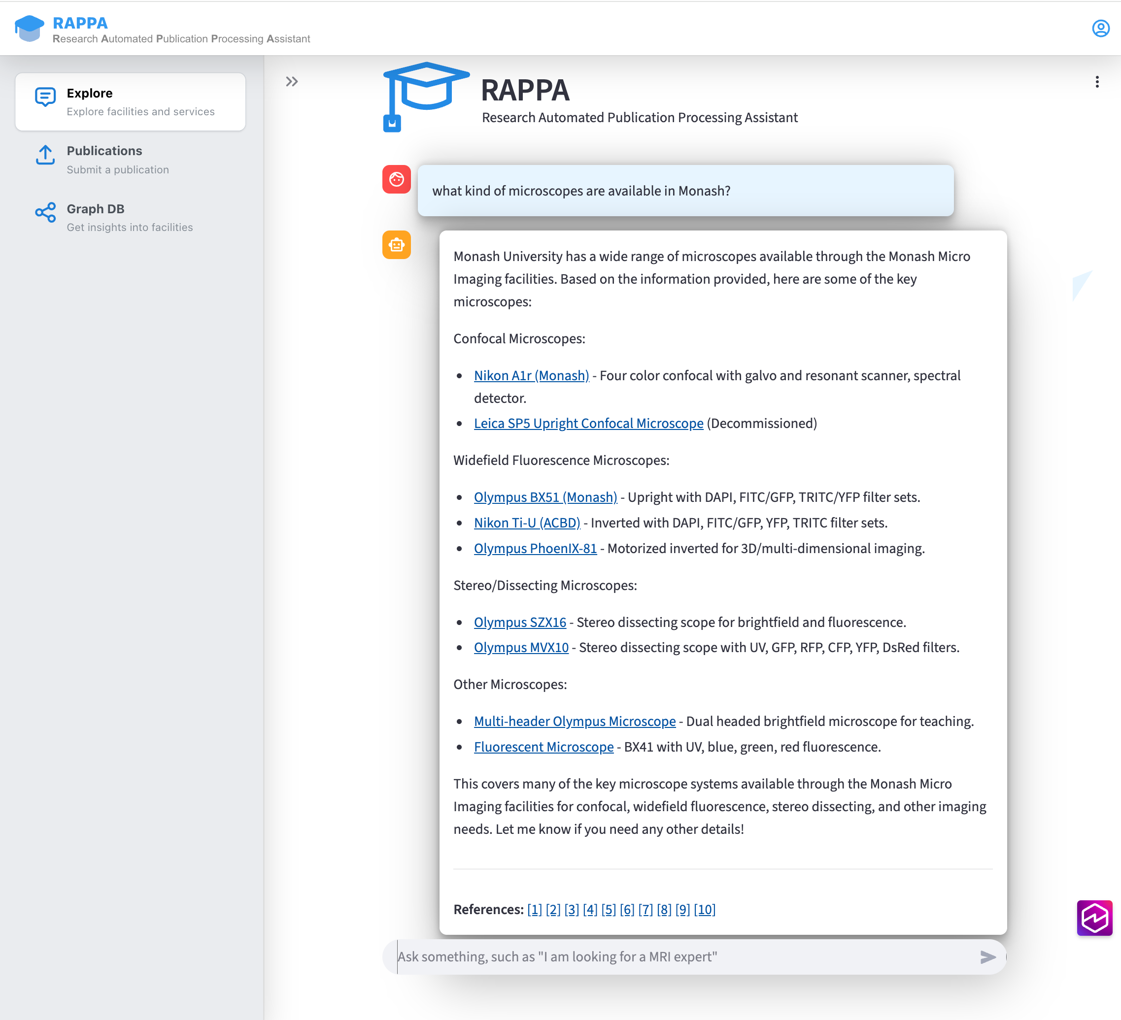 A screenshot of the chatbot interface of the Research Automated Publication Processing Assistant (RAPPA)