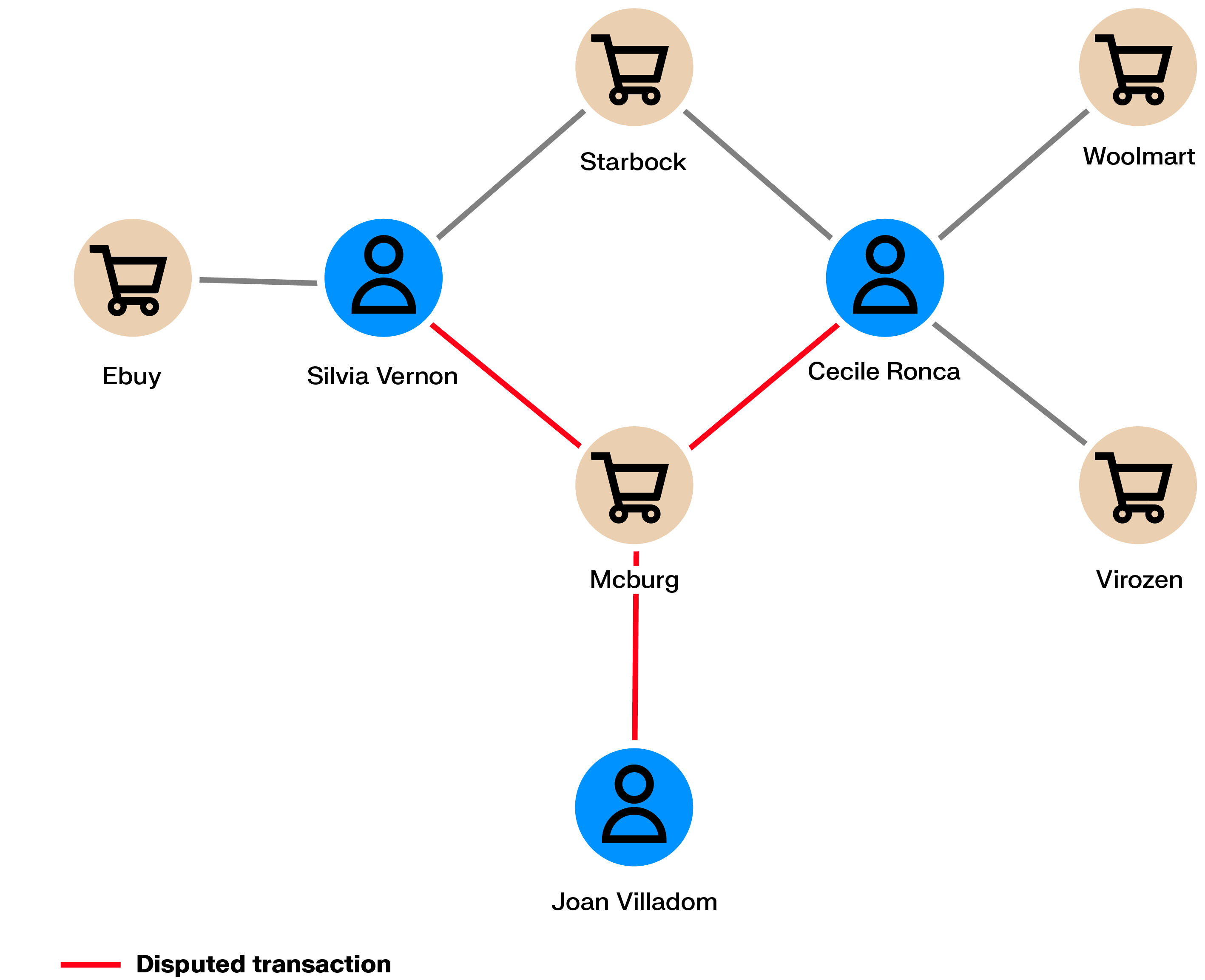 Transaction network showing Silvia Vernon and Cecile Ronca linked to multiple merchants, with a shared connection to the same merchant highlighted, indicating potential coordinated purchasing behavior.