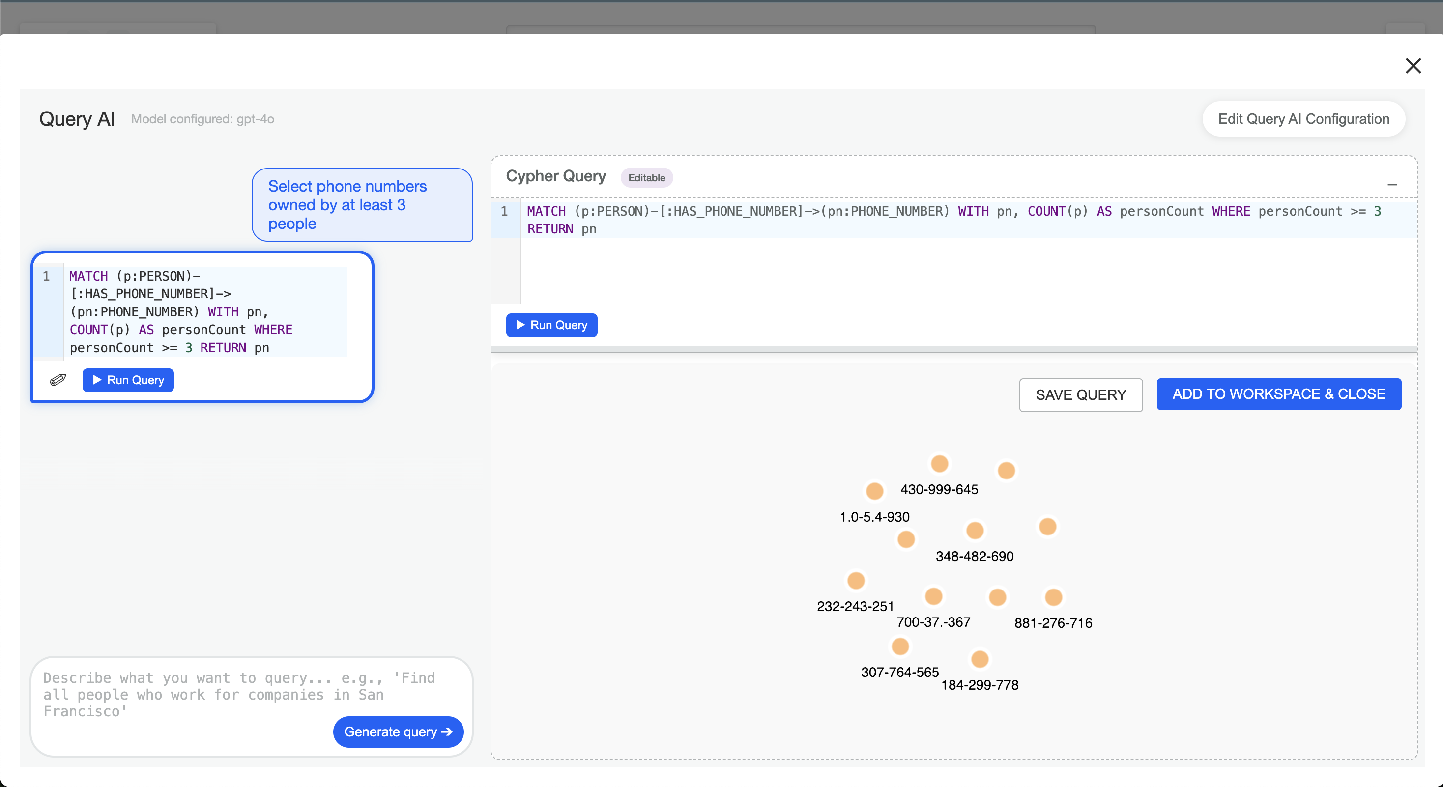 A screenshot of Query AI interface in Linkurious Enterprise