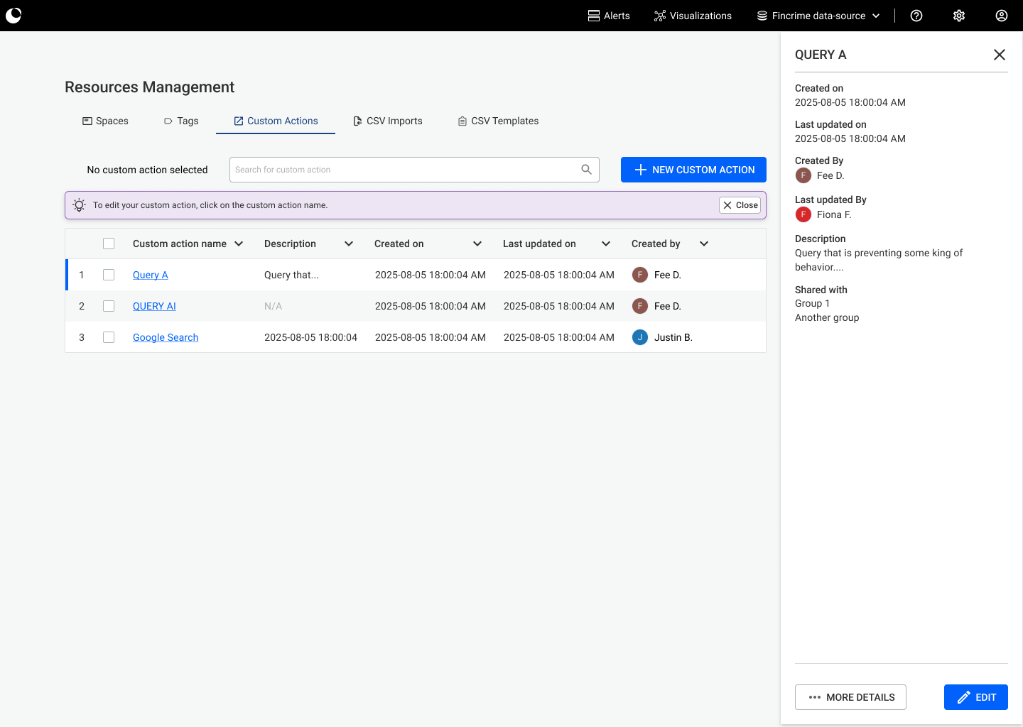 A screenshot of new way to access Custom Actions in Linkurious Enterprise 4.3
