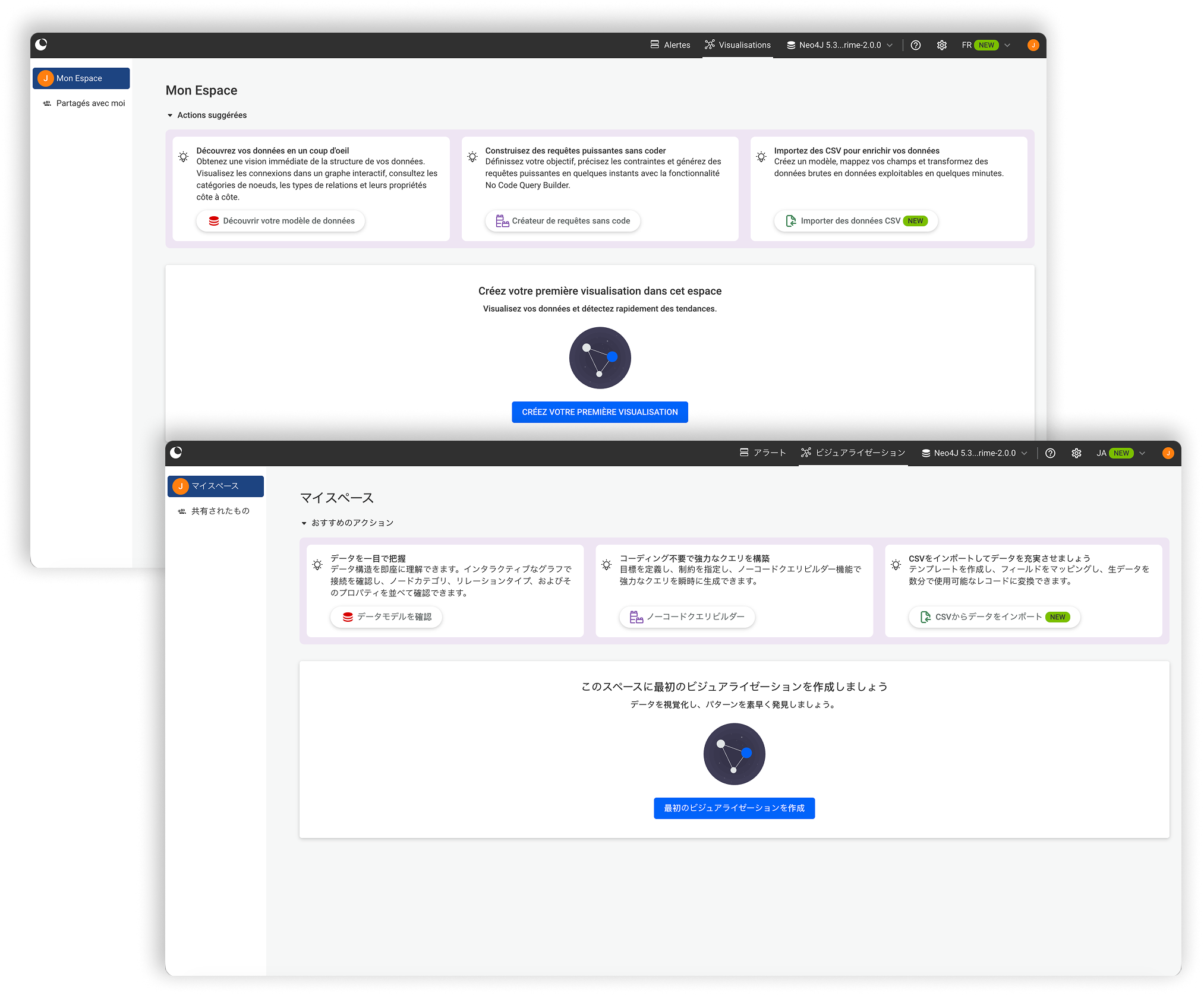 Linkurious Enterprise UI in French and Japanese