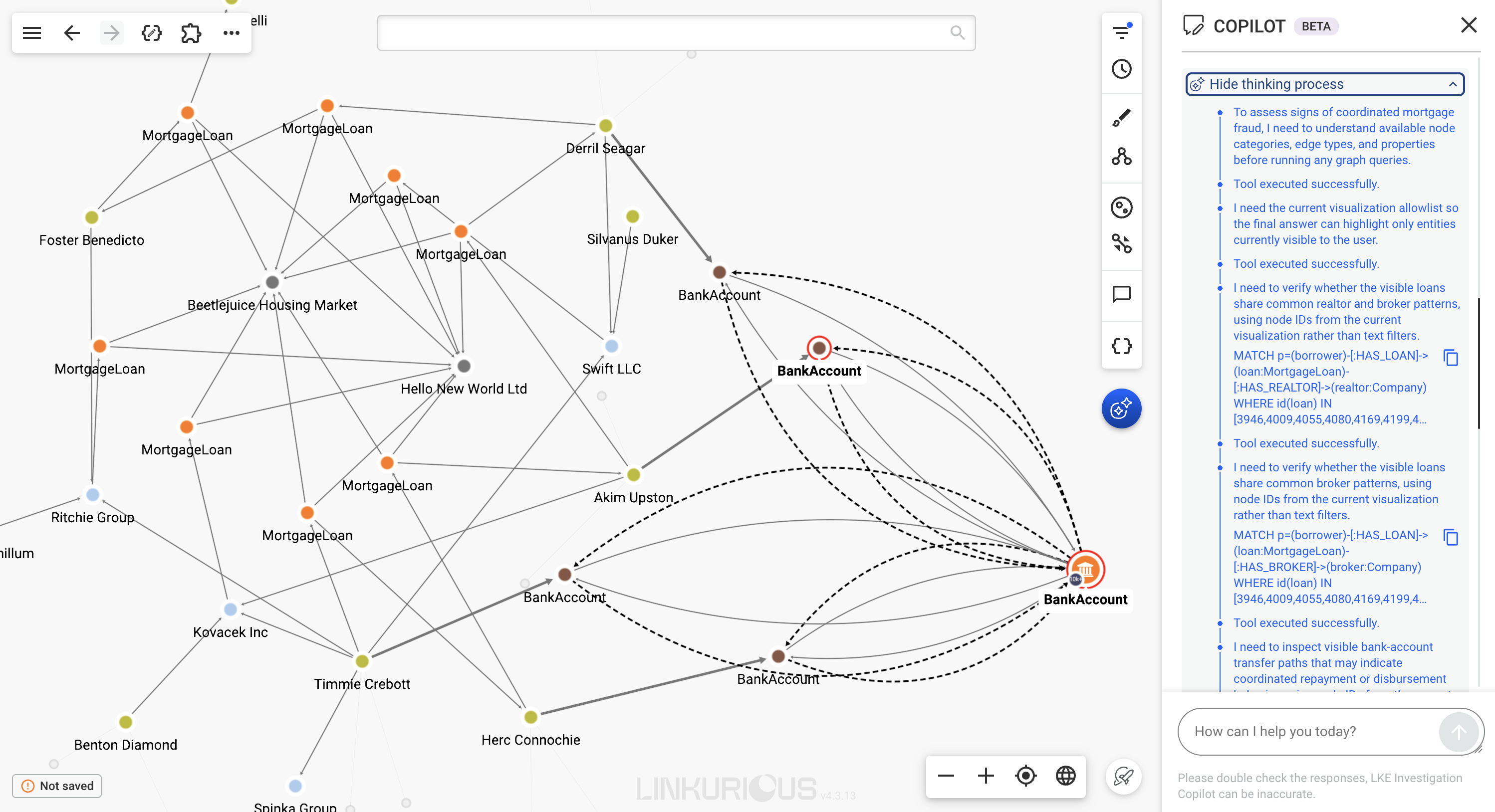 Linkurious UI with copilot thinking process information